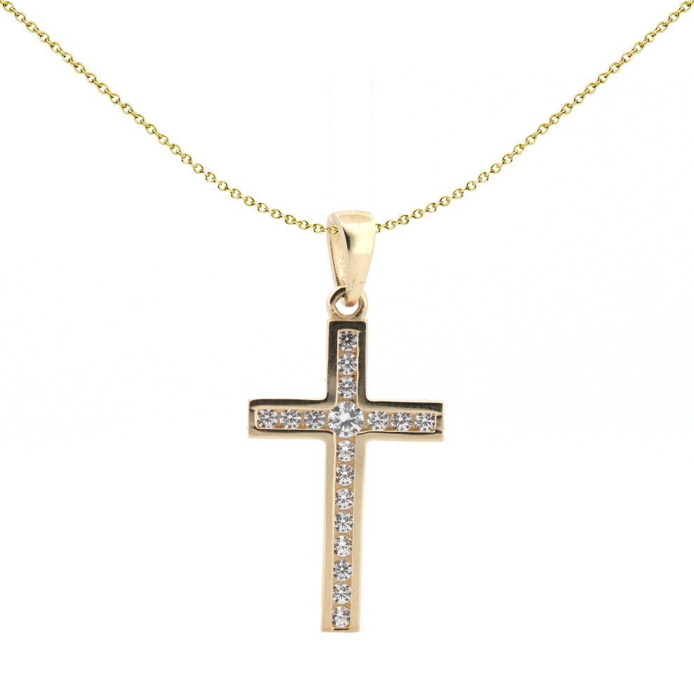 Jewelco London Solid 9ct Yellow Gold Cubic Zirconia Art Deco Outline Channel Set Cross Pendant - JPX149