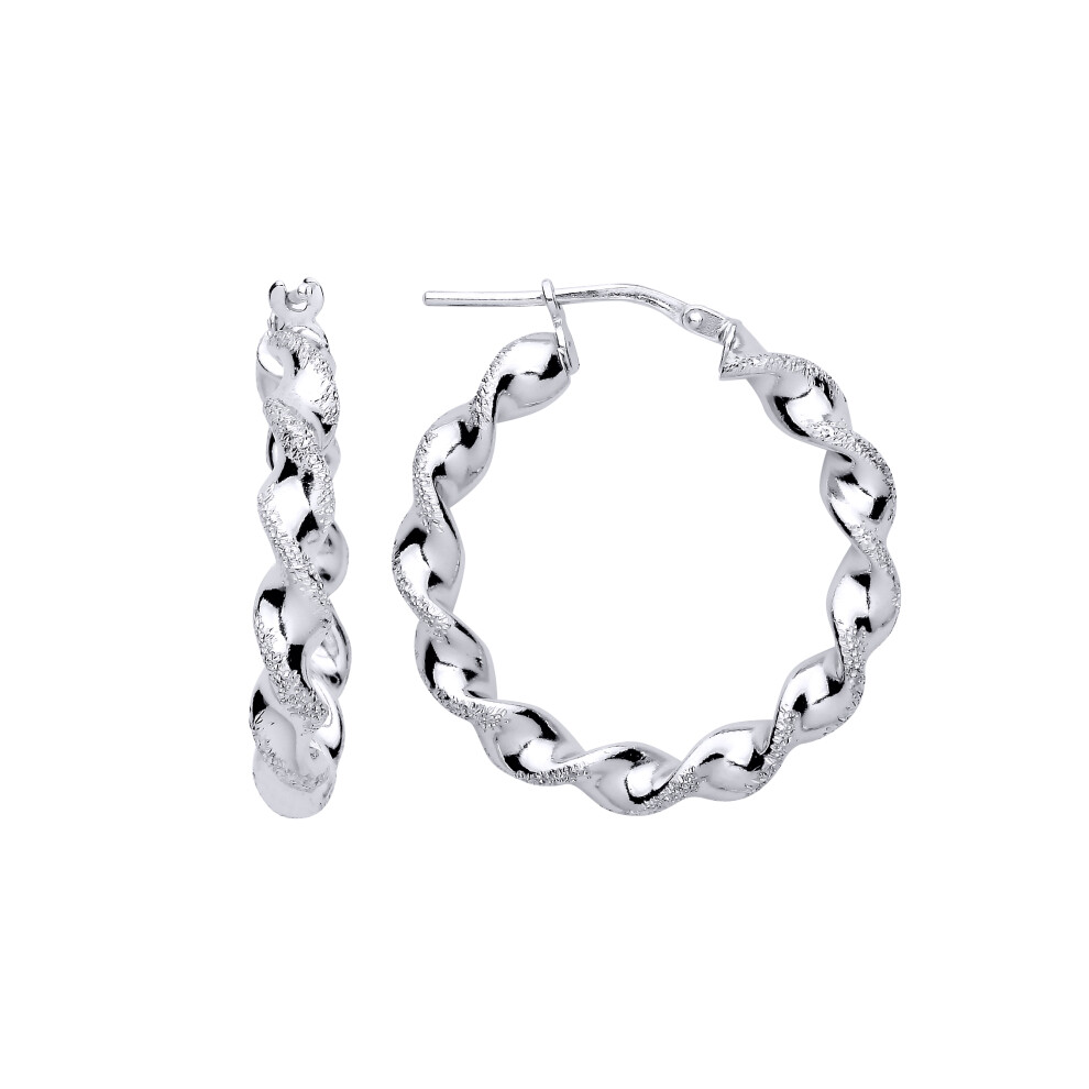 Jewelco London Ladies Rhodium Plated Sterling Silver Frosted Satin Chunky Twist Hoop Earrings 26mm 4mm - ER139
