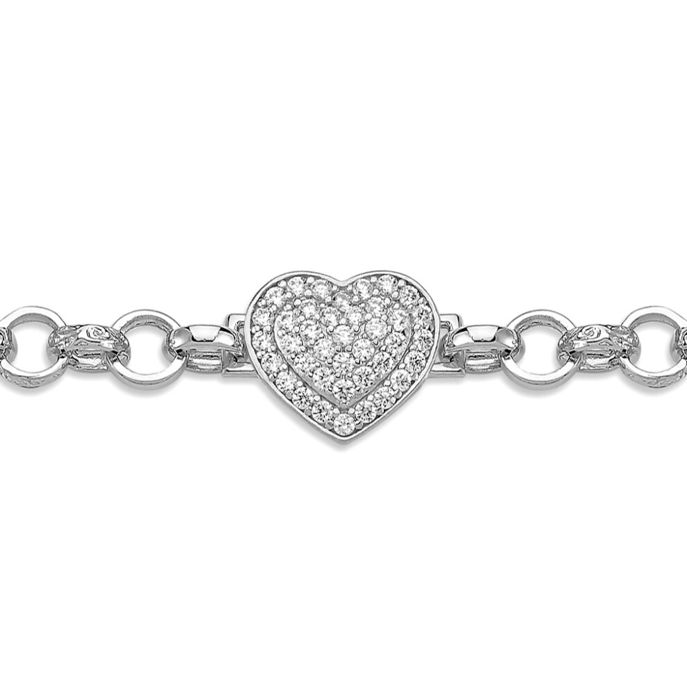 Jewelco London Ladies Rhodium Plated Sterling Silver CZ Chunky Love Heart Engraved Belcher 7mm Link Girls Baby Bracelet, 6" - ABB181