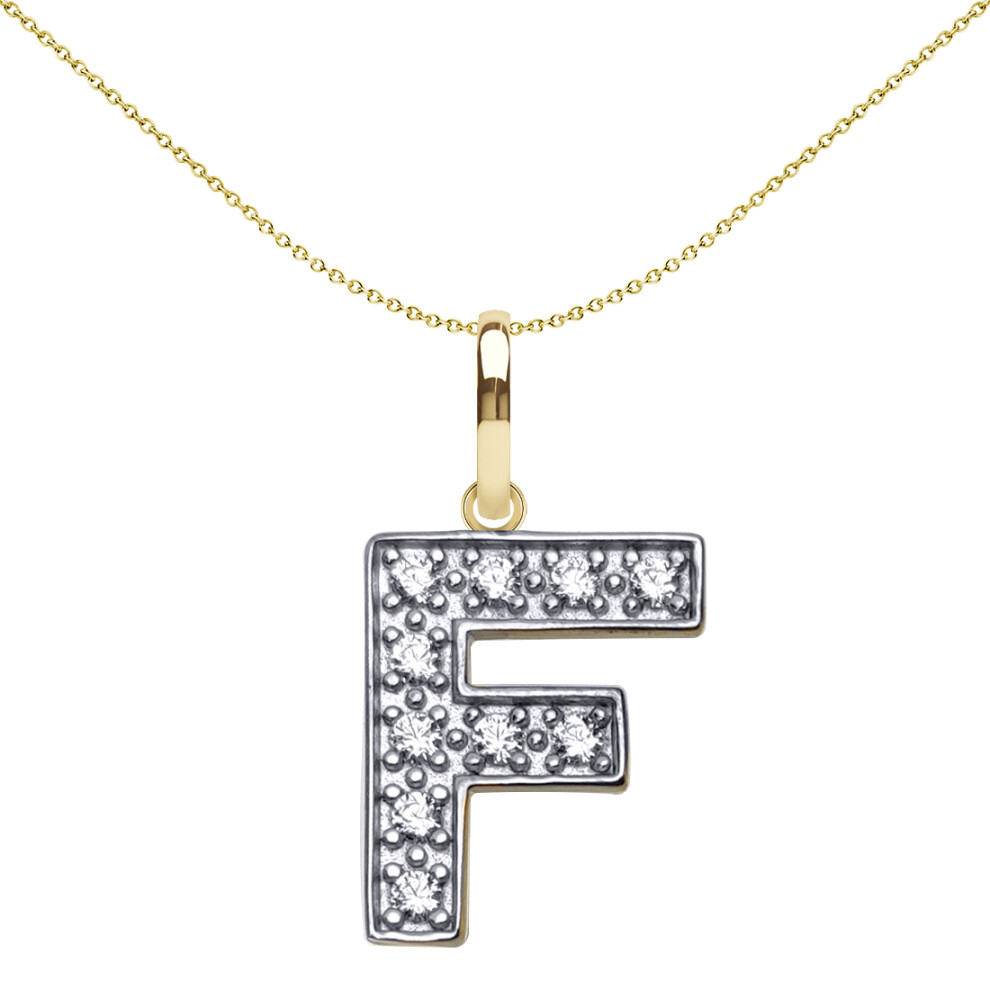 9ct 2-Colour Gold  CZ 15mm Block Font Initial Pendant Letter F - JIN022-F