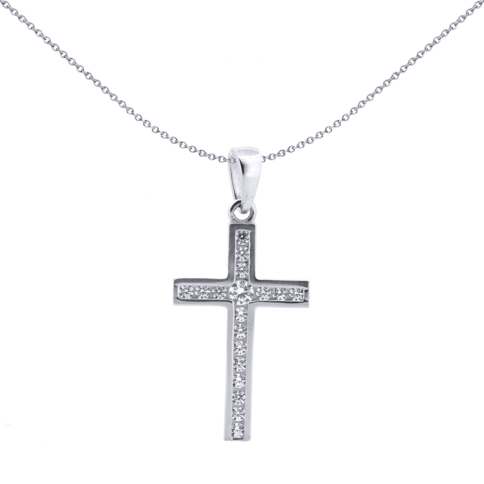 Jewelco London Solid 9ct White Gold Cubic Zirconia Art Deco Outline Channel Set Cross Pendant - JPX151