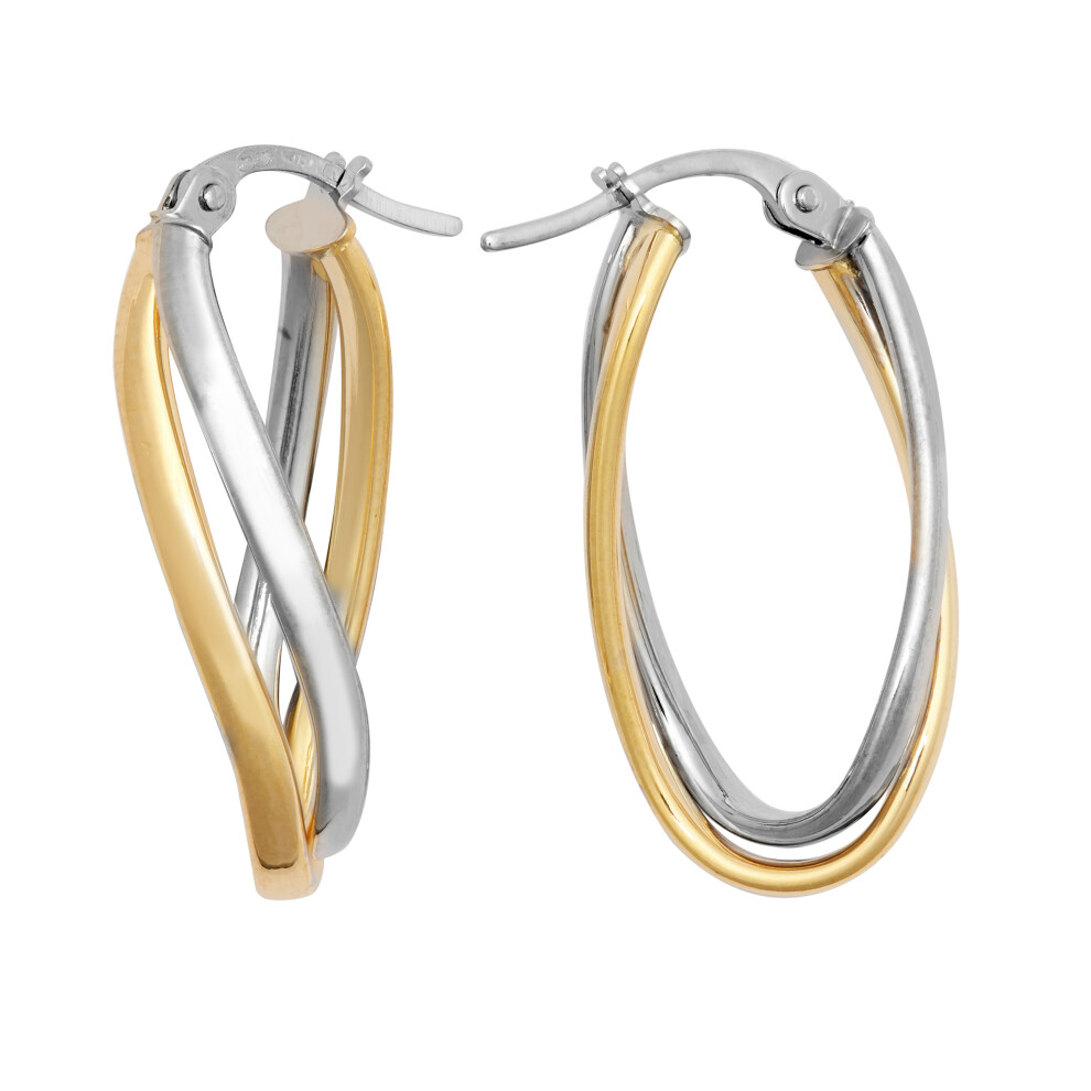 Jewelco London Ladies 9ct Yellow and White Gold Wavy Double Interlocked Oval Hoop Creole Earrings - JER800