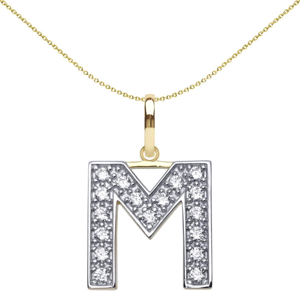 9ct 2-Colour Gold  CZ 15mm Block Font Initial Pendant Letter M - JIN022-M