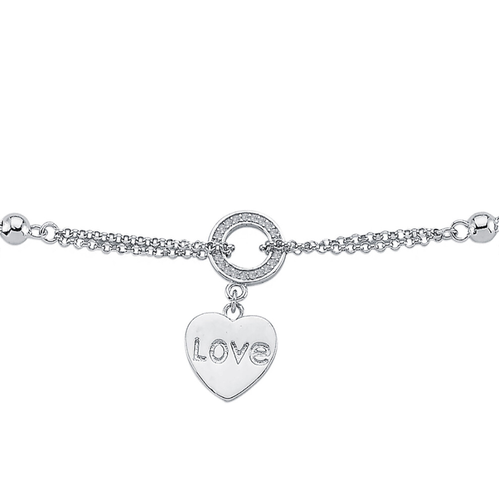 Jewelco London Ladies Rhodium Plated Sterling Silver Cubic Zirconia Circle of Love Heart 1.5mm Charm Bracelet, 6.5" - ABB172