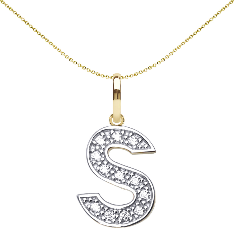 9ct 2-Colour Gold  CZ 15mm Block Font Initial Pendant Letter S - JIN022-S