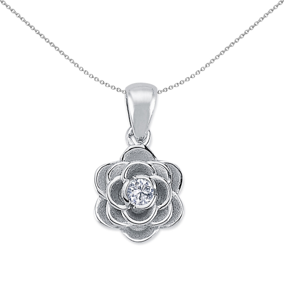 Silver  CZ Rose Petal Paper Flower Solitaire Pendant - APD163