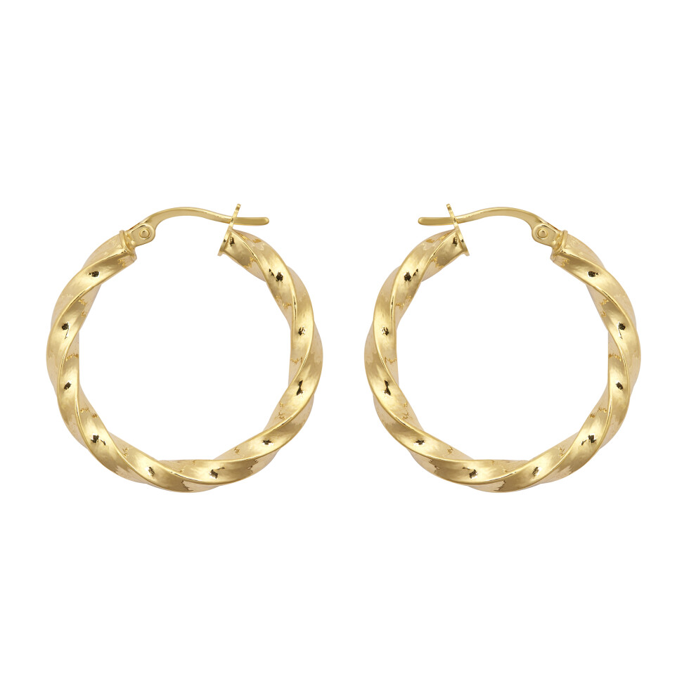 Jewelco London Ladies 9ct Yellow Gold Square Tube Ribbon Liquorice Twist 3mm Hoop Earrings 26mm - JER804C