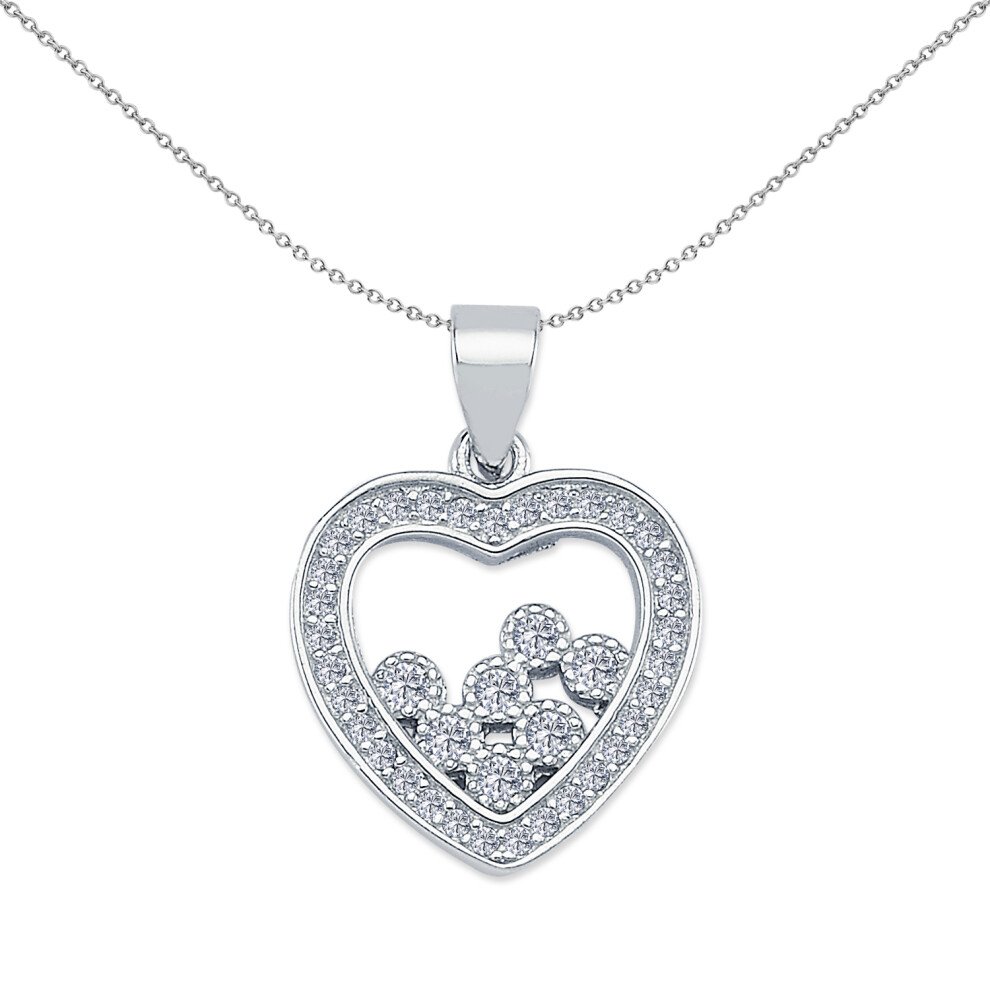 Jewelco London Ladies Rhodium Plated Sterling Silver Cubic Zirconia Happy Floating Gems Love Heart Pendant - APD160
