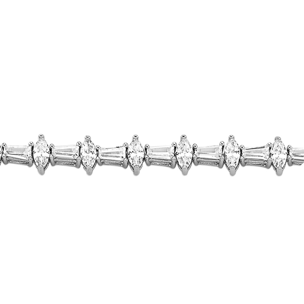 Jewelco London Rhodium Sterling Silver Marquise & Tapered Baguette CZ Horizontal Vertical Eternity Line Bracelet, 7.5" - ABB179
