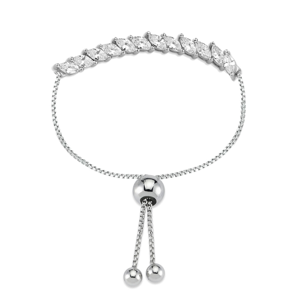 Jewelco London Ladies Rhodium Plated Sterling Silver Marquise CZ Eternity Line 1mm Adjustable Slider Bracelet, 8.5" - ABB175
