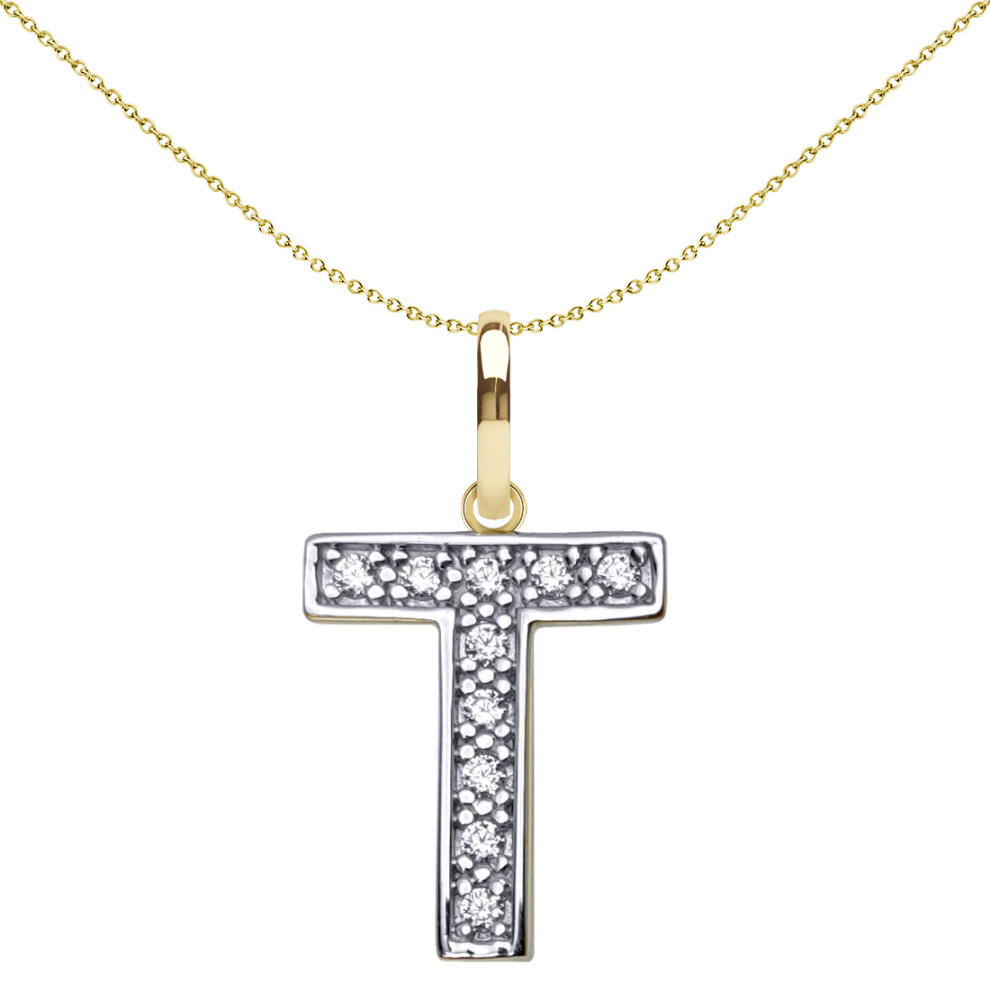 Jewelco London Solid 9ct Yellow and White Gold Cubic Zirconia 15mm San Serif Block Font Initial Charm Pendant, Letter T - JIN022-T