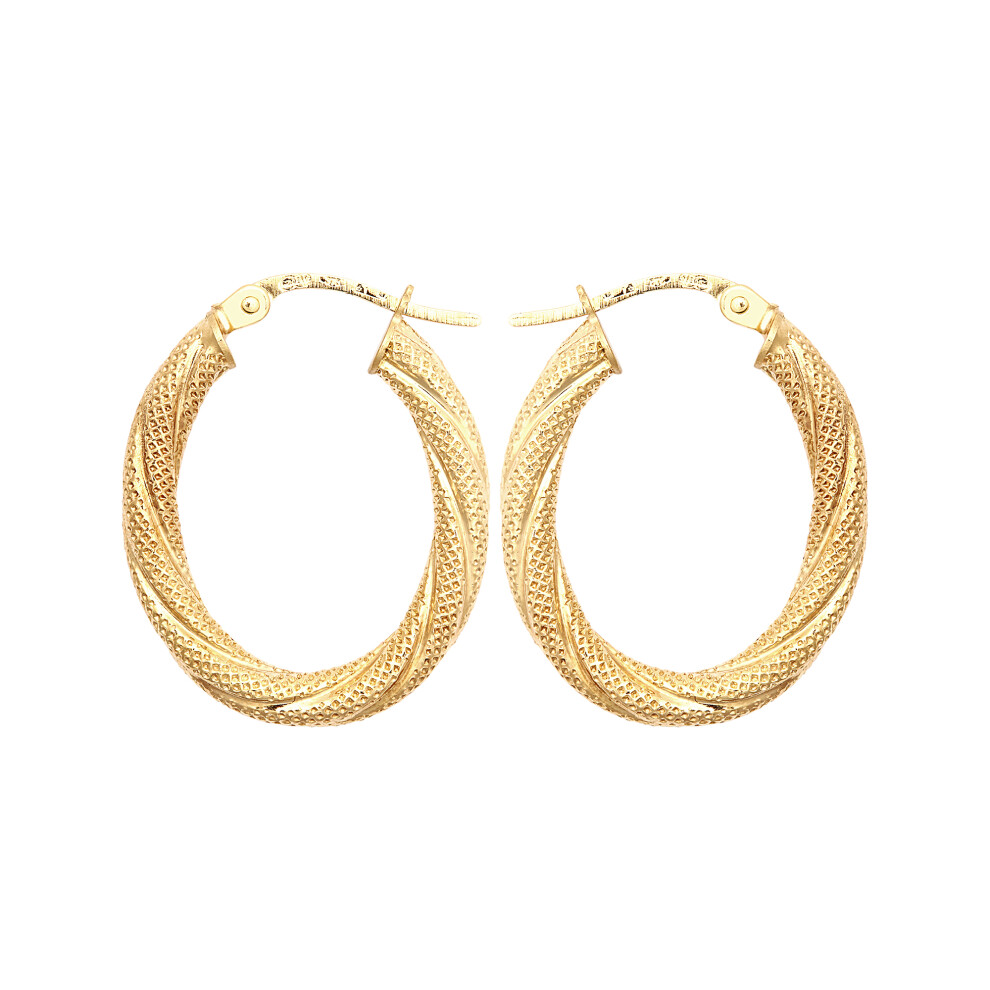 Jewelco London Unisex 9ct Yellow Gold Snake Skin Mesh Twist Oval Hoop 2.5mm Creole Earrings - JER815