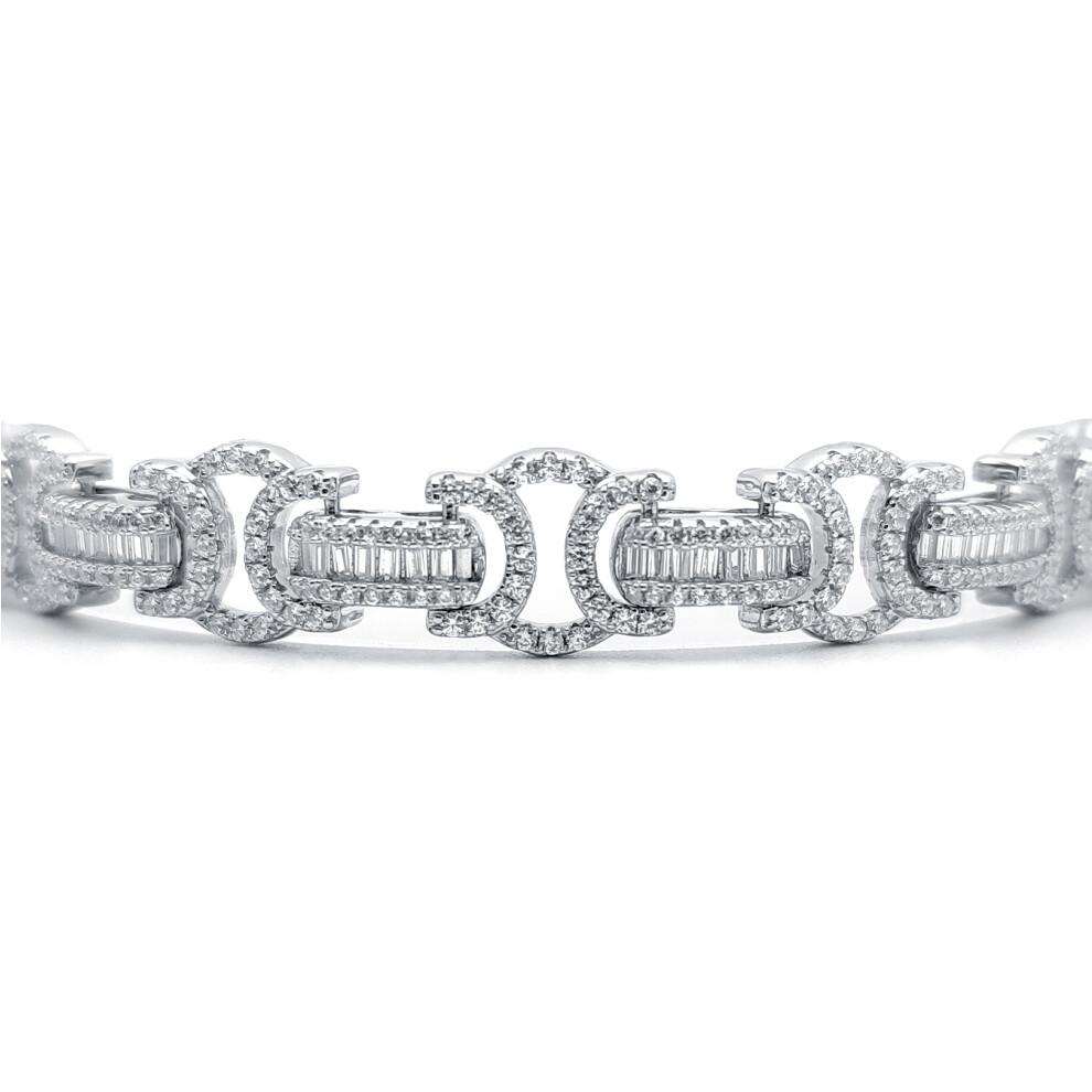 Jewelco London Men's Rhodium Plated Sterling Silver Round & Baguette Cubic Zirconia Chunky Pave Byzantine Bracelet, 9" - ABB195