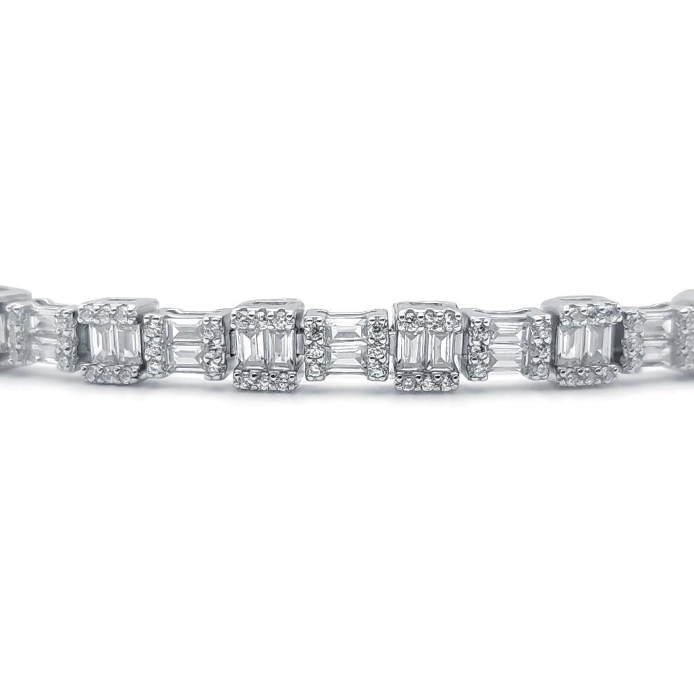 Silver  Baguette CZ Alternating Horizontal Vertical Bracelet 7" - ABB196