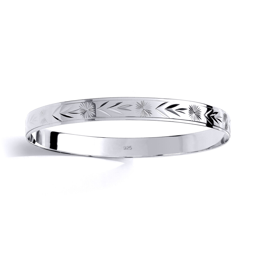 Jewelco London Kids Sterling Silver Diamond-cut Engraved Chevron Star Burst Slave Baby Bracelet 7mm 60mm - BN72