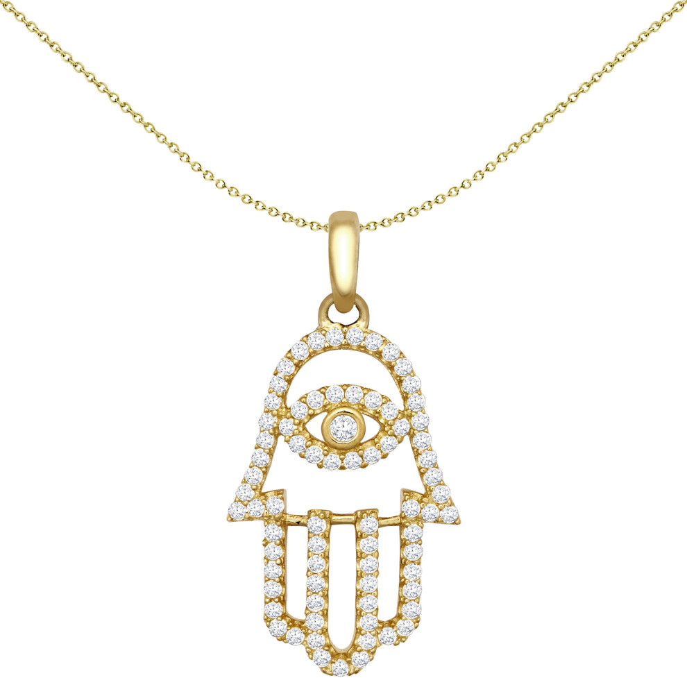 Jewelco London Unisex Solid 9ct Yellow Gold White Round Brilliant Cubic Zirconia Hamsa 5 Hand Charm Pendant - JPD589