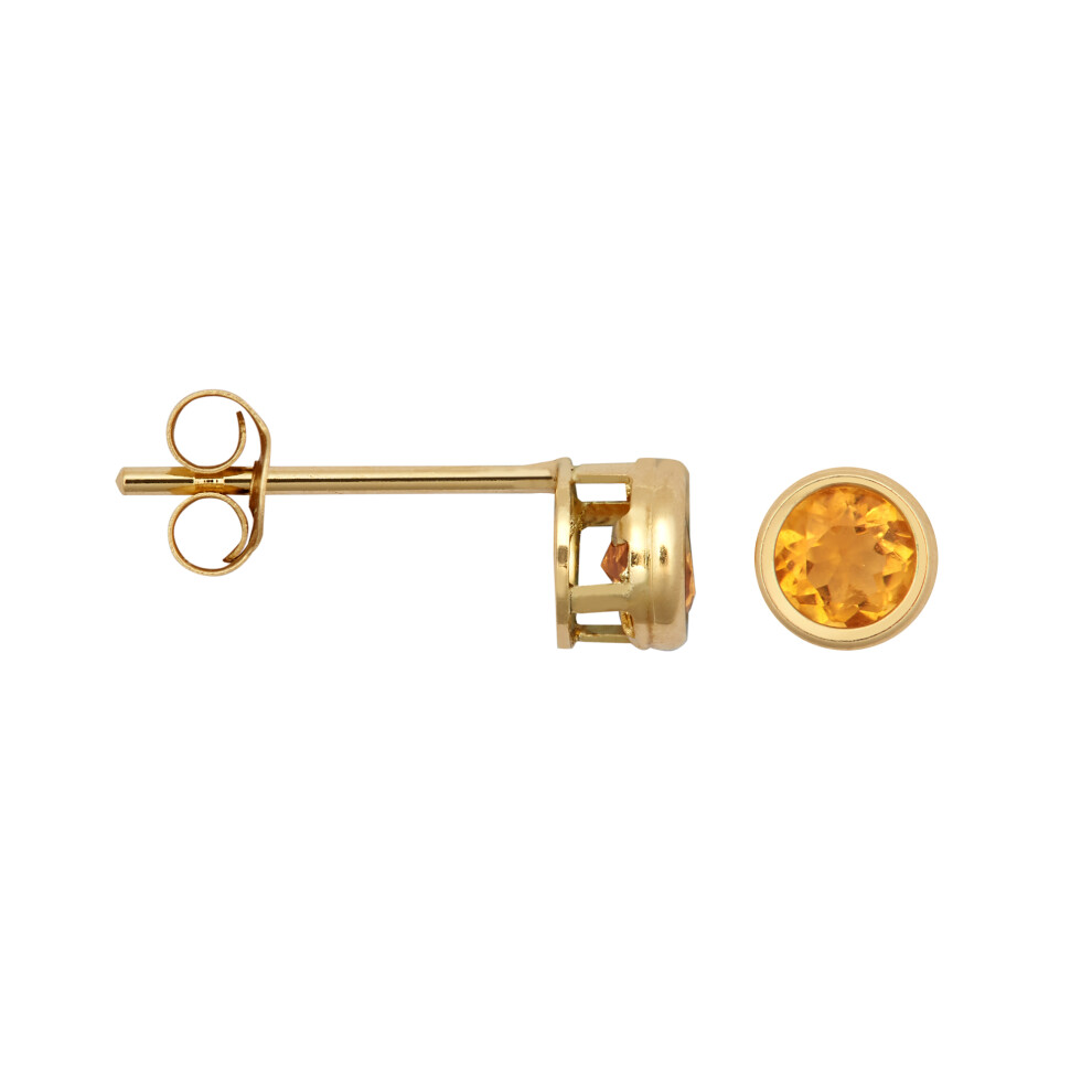 Jewelco London Ladies 9ct Yellow Gold Amber Round Citrine Donut Bezel Solitaire Stud Earrings, 3mm - JES360