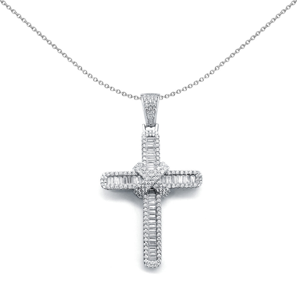 Silver  Round & Baguette CZ X Wrap Shimmering Kiss Cross Pendant - APX035