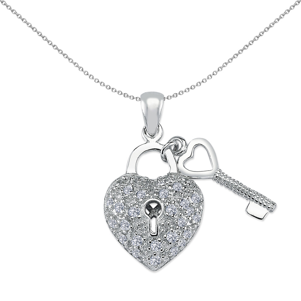 Jewelco London Ladies Rhodium Plated Sterling Silver Cubic Zirconia Key & Love Heart Padlock Charm Pendant - APD164