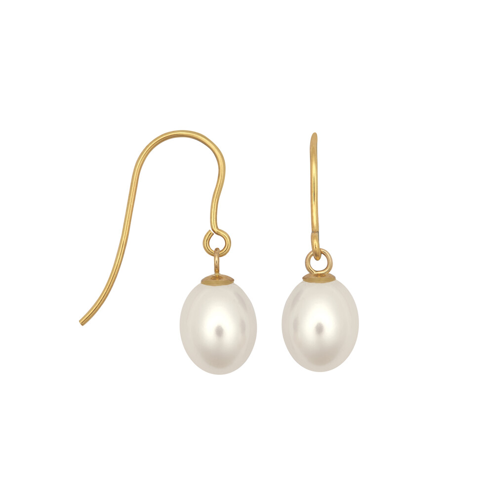 Jewelco London Ladies 9ct Yellow Gold White Oval Freshwater Cultured Pearl Egg Shell Drop Earrings 7mm - JES365