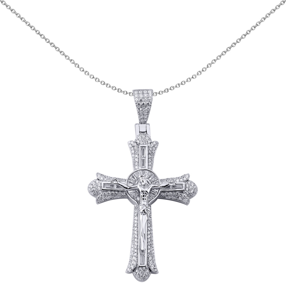 Jewelco London Men's Rhodium Plated Sterling Silver Baguette Cubic Zirconia Budded Patonce Crucifix Sunrays Cross Pendant - APX039