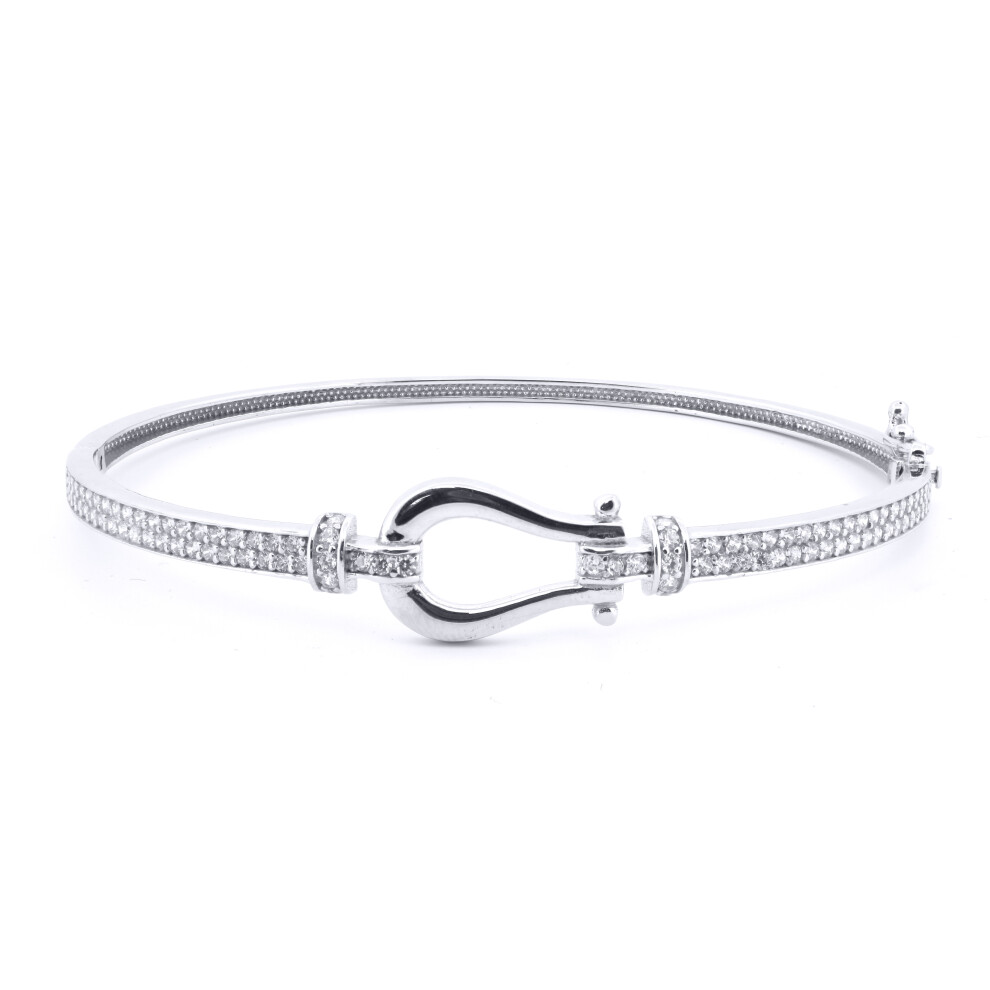 9ct White Gold  CZ Noose Hook Loop Stirrup 3mm Bangle Bracelet - JBG351