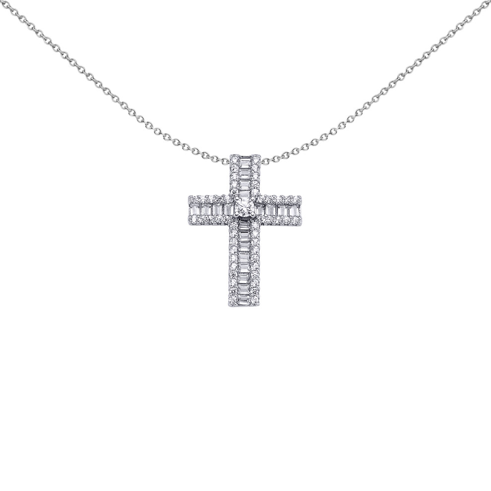 Sterling Silver  Baguette CZ Art Deco Solitaire Cross Pendant - APX040