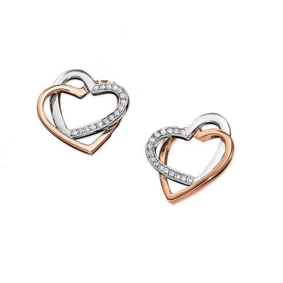 Jewelco London Ladies Rhodium & Rose-Gold-plated Sterling Silver Cubic Zirconia Entangled Love Hearts Stud Earrings - AES132