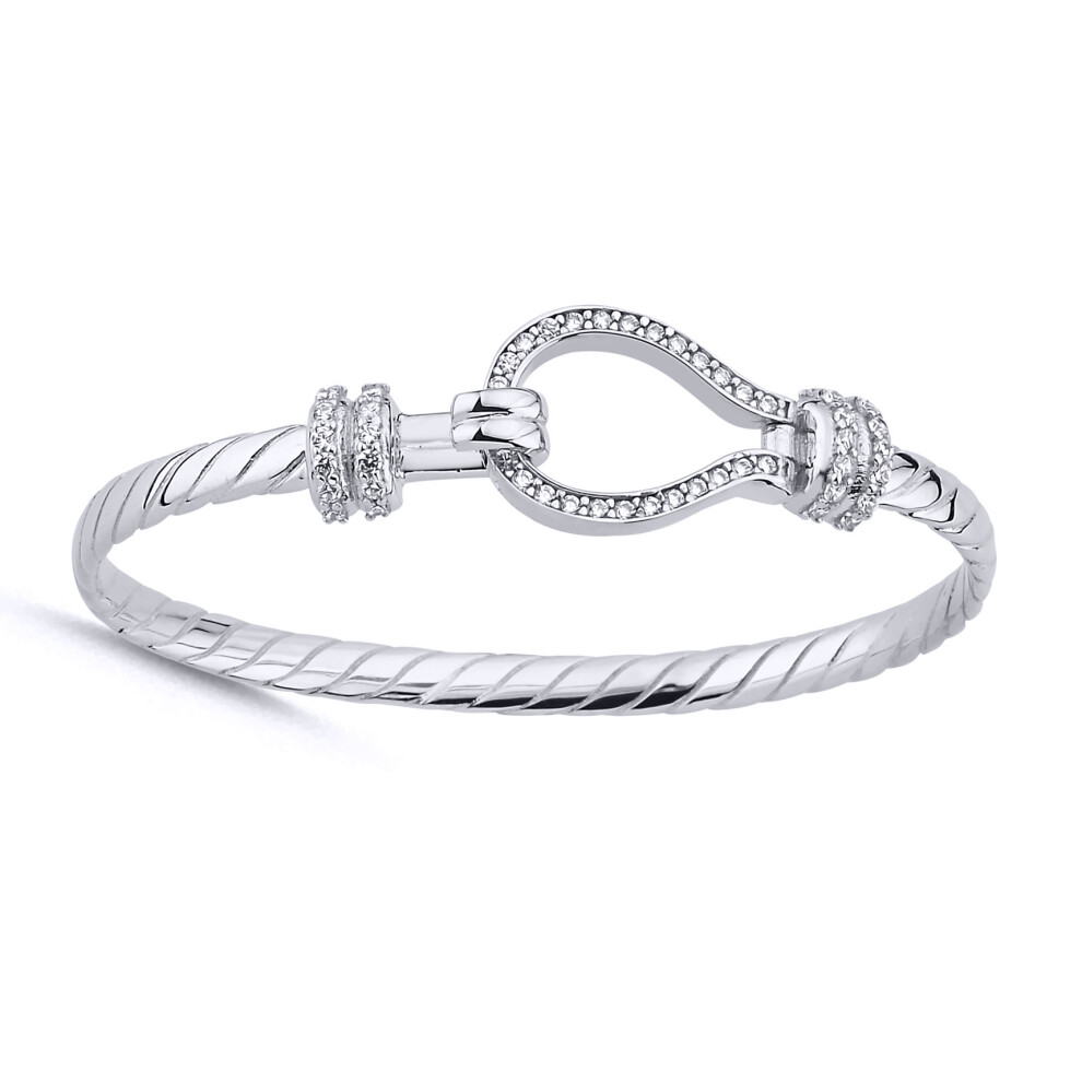 Jewelco London Kids Rhodium Plated Sterling Silver Cubic Zirconia Rope Stirrup Hook 4mm Bangle Bracelet, 5" - AKB033