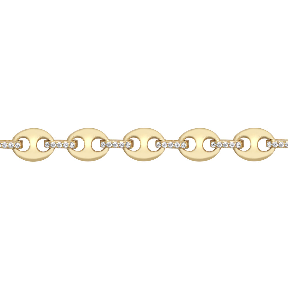 Jewelco London Ladies Solid 9ct Yellow Gold White Round Brilliant Cubic Zirconia Coffee Bean Anchor 6mm Chain Link Bracelet, 7.5 inch 19cm - JBB403