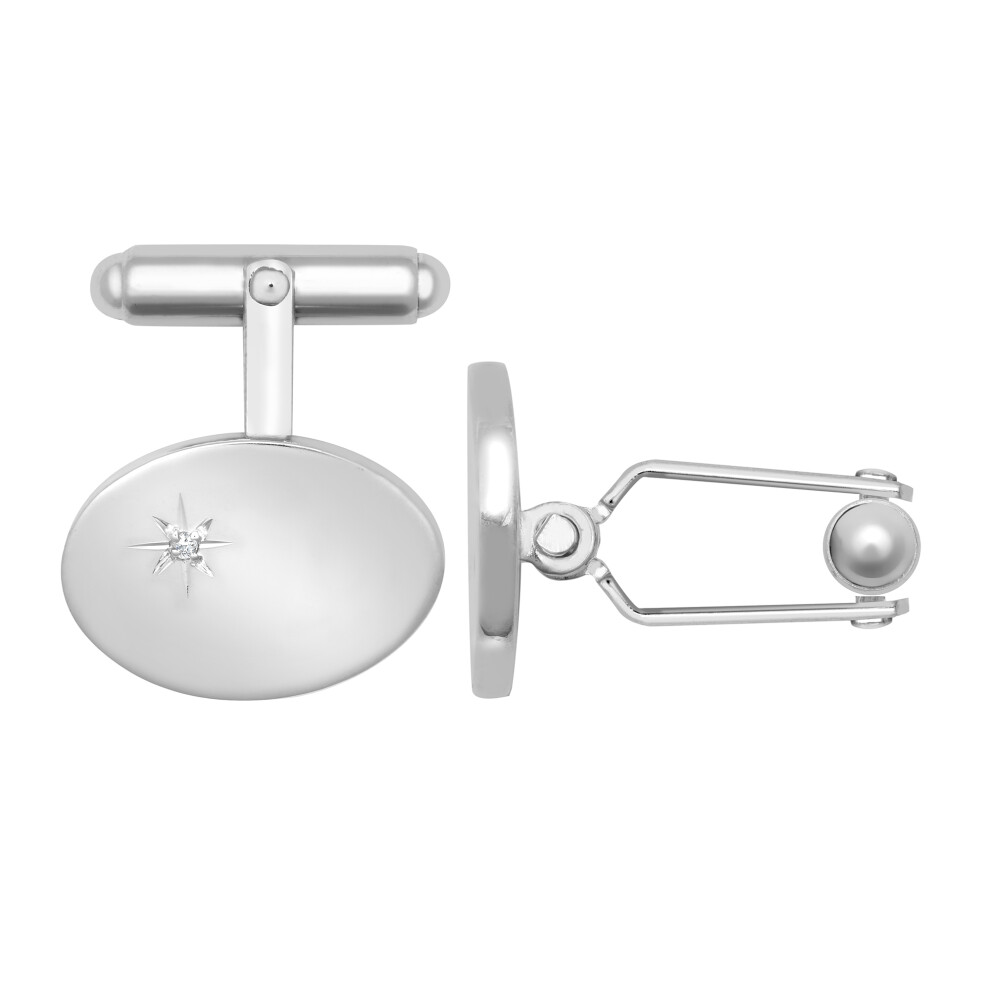Jewelco London Men's Rhodium Plated Sterling Silver White Round Brilliant Diamond Star-set Solitaire Oval Swivel Back T-Bar Cufflinks - ACL021