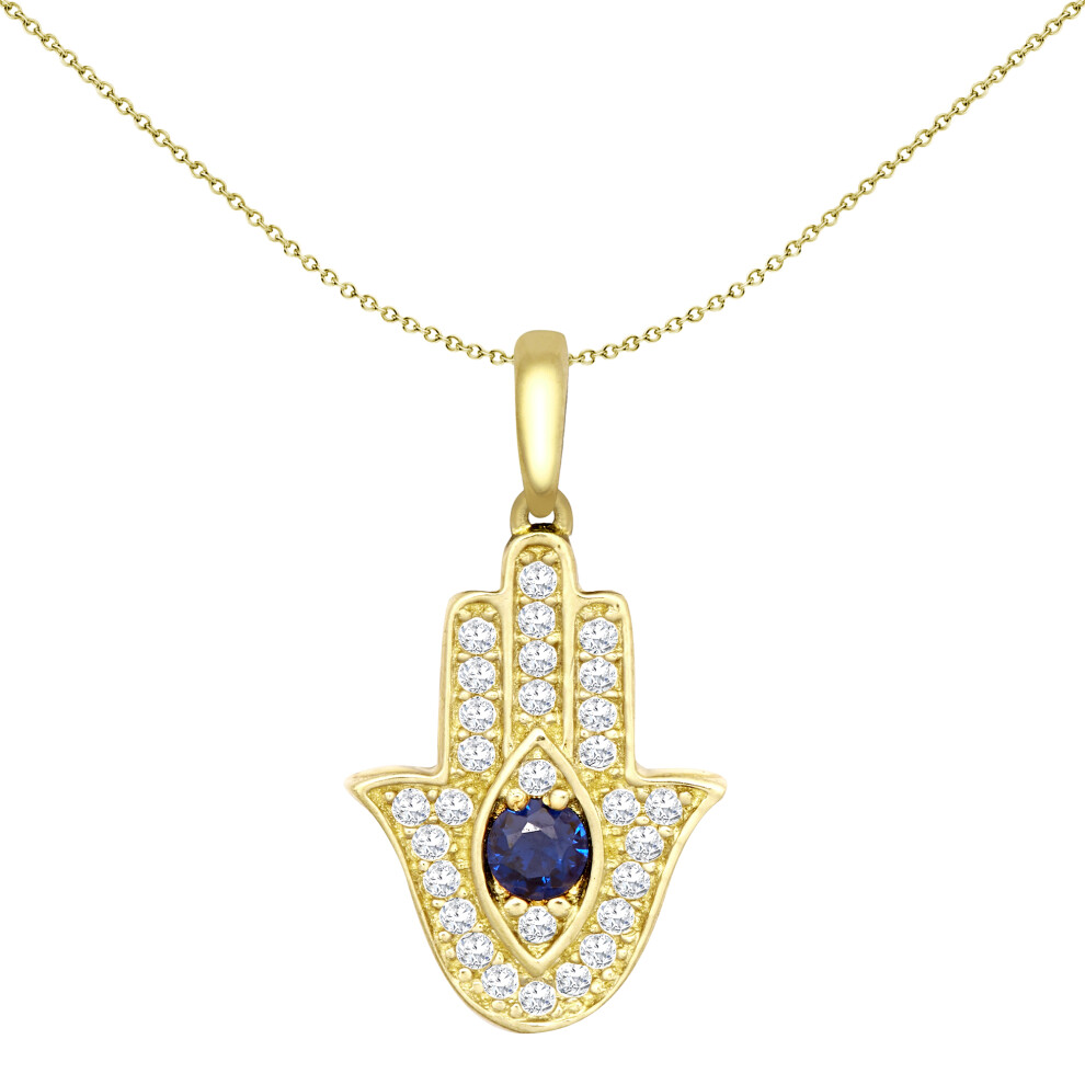 Jewelco London Unisex Solid 9ct Yellow Gold Blue Round Brilliant Cubic Zirconia Hamsa 5 Hand Charm Pendant - JPD588