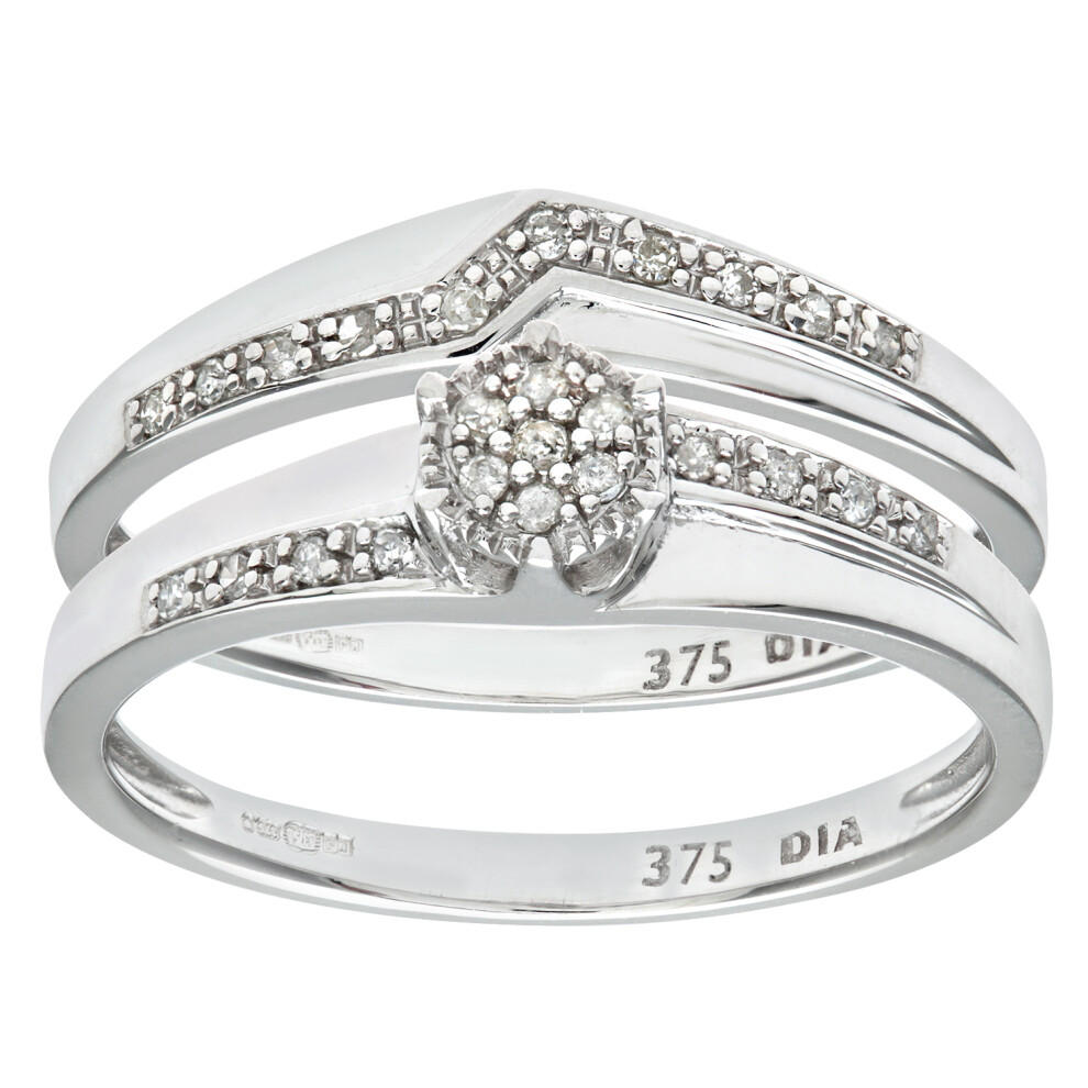 (K) Jewelco London 9ct White Gold 0.12ct Diamond Wishbone Bridal Set Crossover Ring