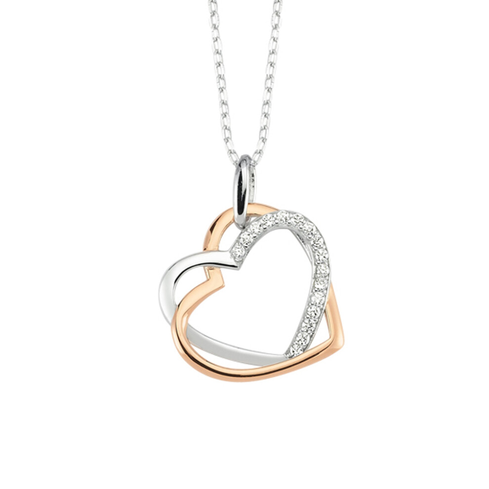 Jewelco London Rhodium & Rose-gold-plated Sterling Silver CZ Entangled Love Hearts Necklace 15.5" + 2" extension - ANC064