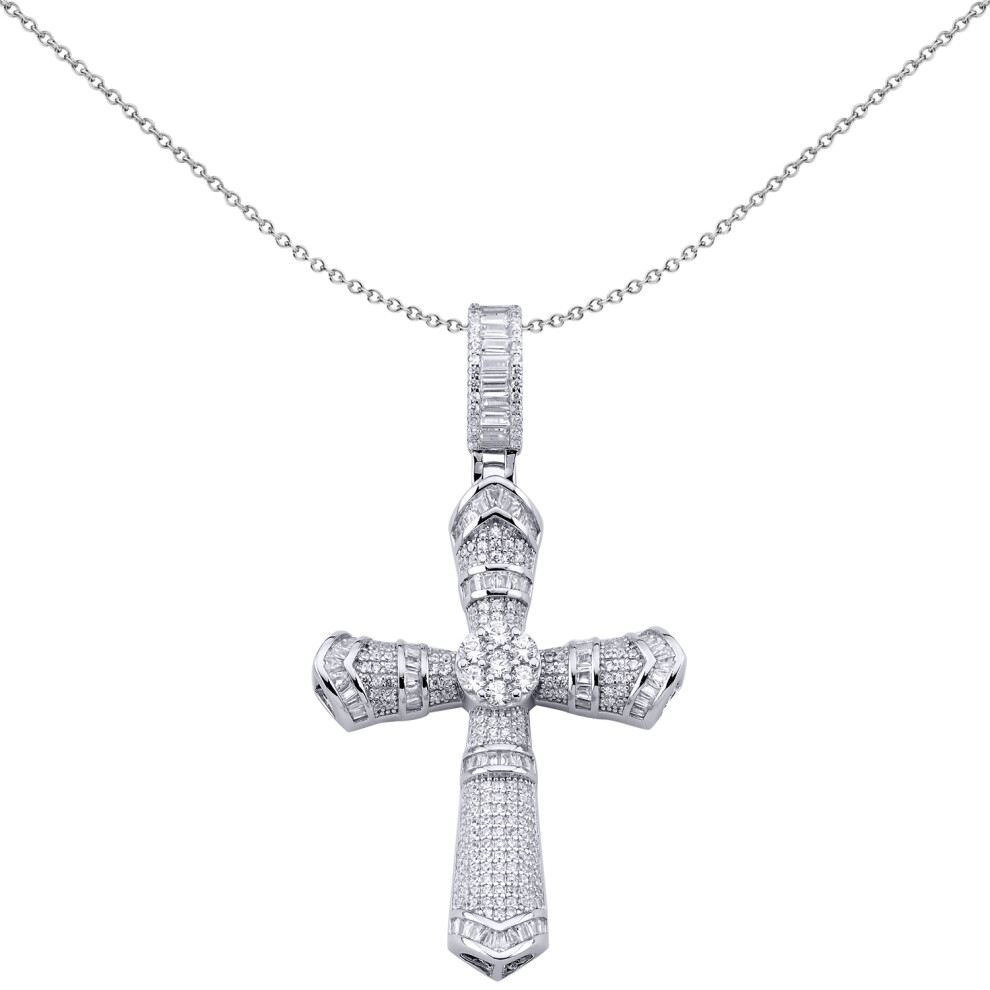 Jewelco London Men's Rhodium Plated Sterling Silver Baguette Cubic Zirconia Bamboo Boomerang Chevron Byzantine Cross Pendant - APX036