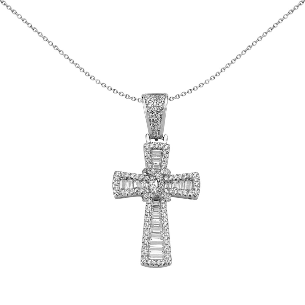 Jewelco London Unisex Rhodium Plated Sterling Silver Round & Baguette CZ Graduating Byzantine C Knot Cross Pendant - APX032