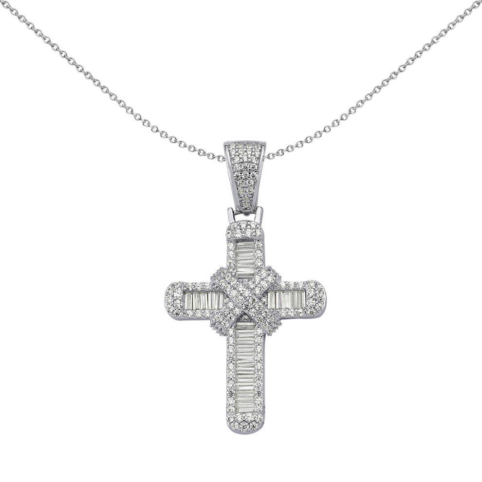 Jewelco London Unisex Rhodium Plated Sterling Silver Round & Baguette CZ X Wrap Shimmering Kiss Cross Pendant - APX034