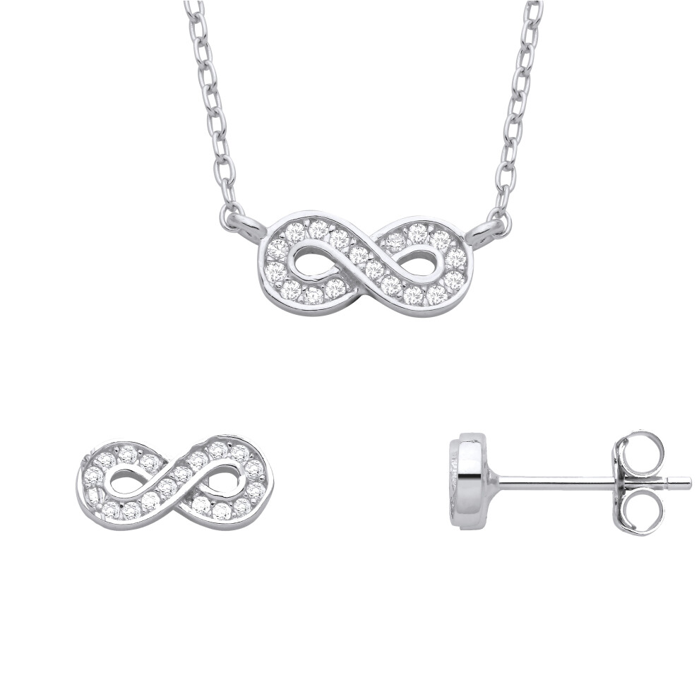 Jewelco London Ladies Rhodium Plated Sterling Silver CZ Infinity Figure 8 Channel Earrings Necklace Set - GSET661
