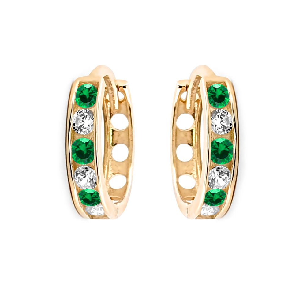 Jewelco London Ladies Solid 9ct Yellow Gold Green Round Brilliant Cubic Zirconia Eternity 2mm Huggie Hoop Earrings 11mm - JER820