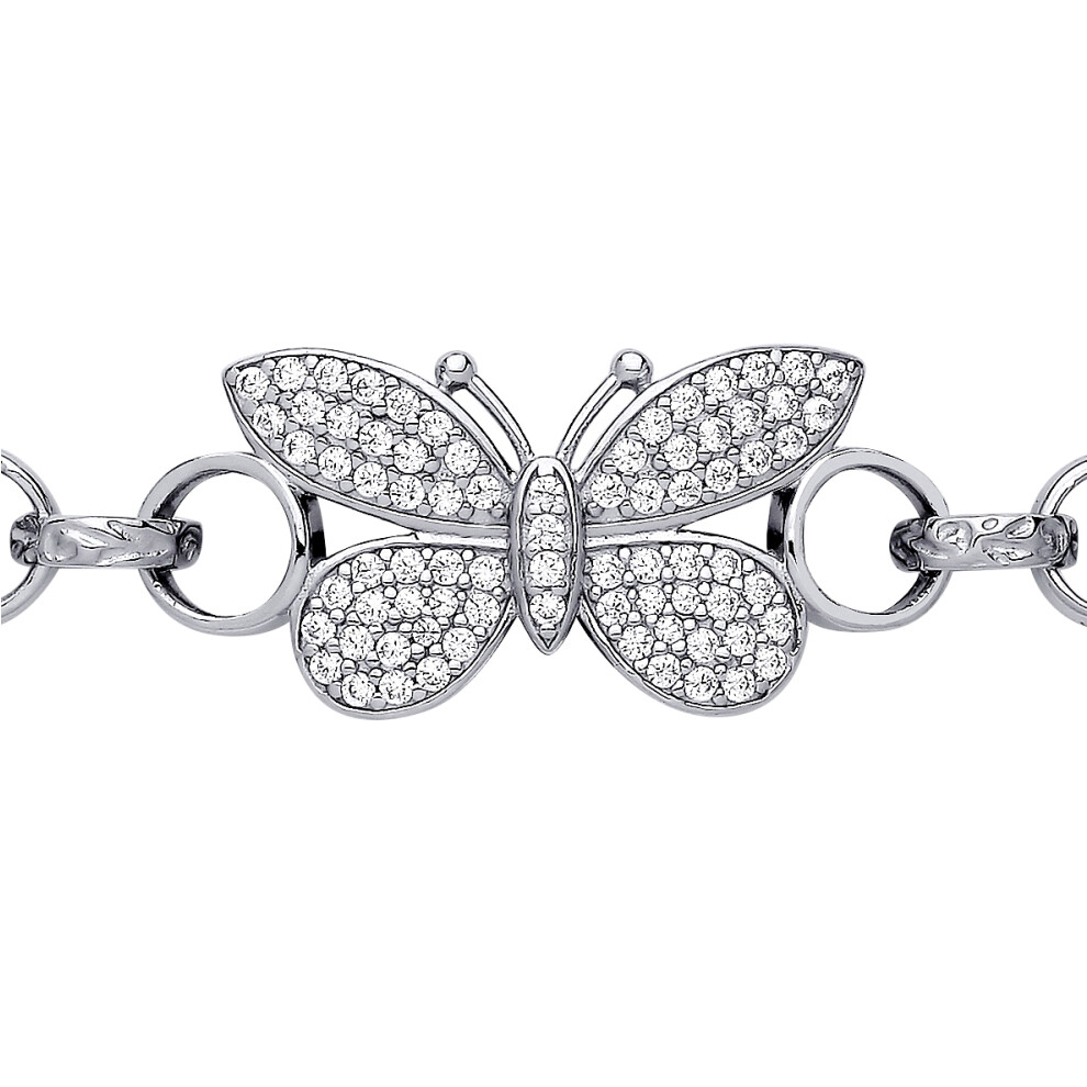 Jewelco London Kids Sterling Silver CZ Butterfly Engraved Belcher Charm Bracelet 6inch 15cm - GVB549