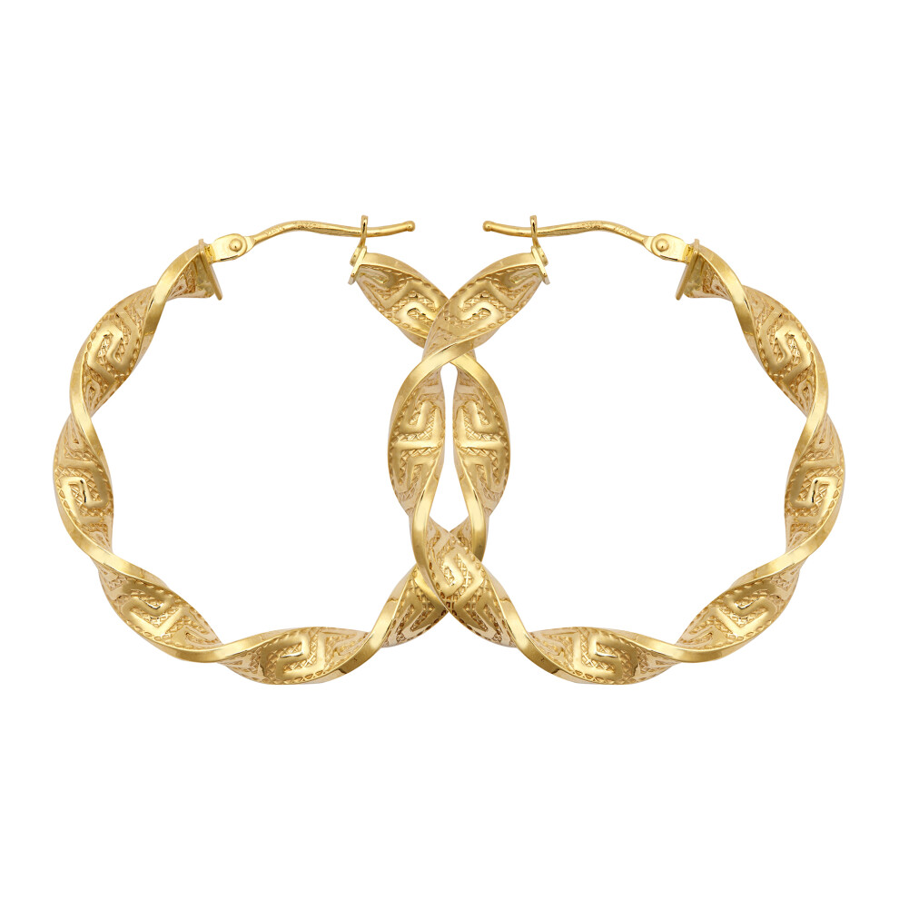 Jewelco London Ladies 9ct Yellow Gold Greek Key Ribbon Twist 4mm Hoop Earrings 32mm - JER787B