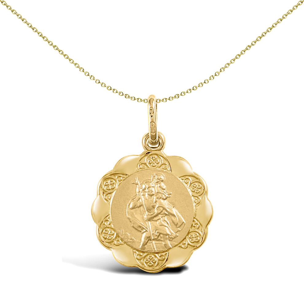Jewelco London Unisex 9ct Yellow Gold Scallop Edged St Christopher Medallion Pendant, 16mm - JPM008