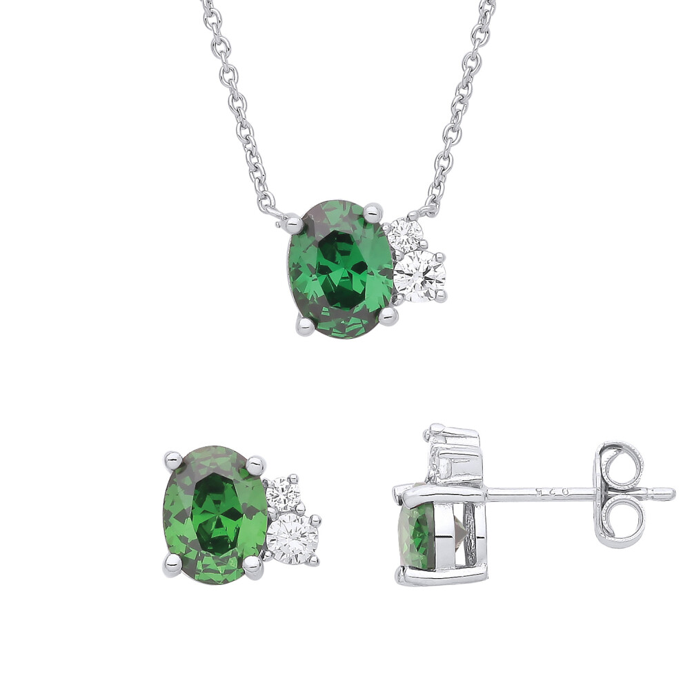 Jewelco London Sterling Silver Green Oval CZ Frozen Peas Cluster Toi et Moi Earrings Necklace Set - GSET639