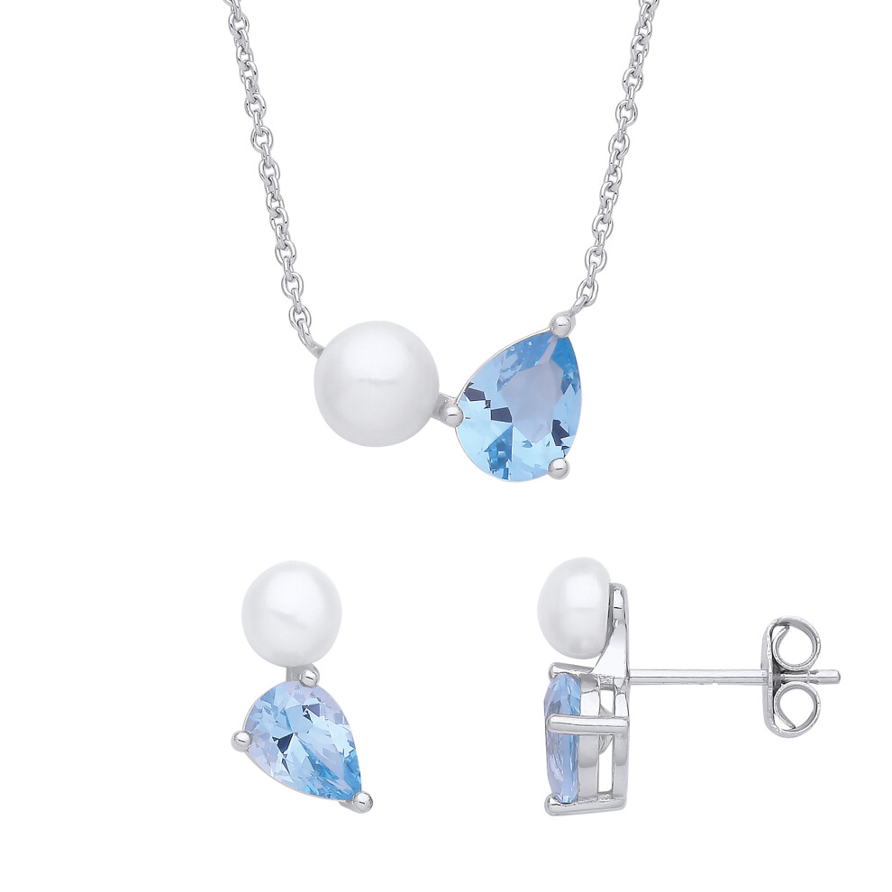Jewelco London Sterling Silver Blue Pear Pearl CZ Baby Seal Pup Toi et Moi Earrings Necklace Set - GSET638