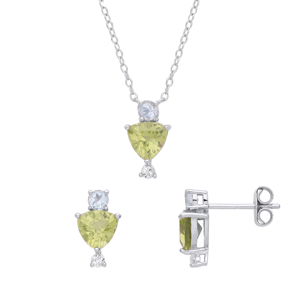 Jewelco London Sterling Silver Green Blue Trillion CZ Flying Squirrel Trilogy Toi et Moi Earrings Necklace Set - GSET635