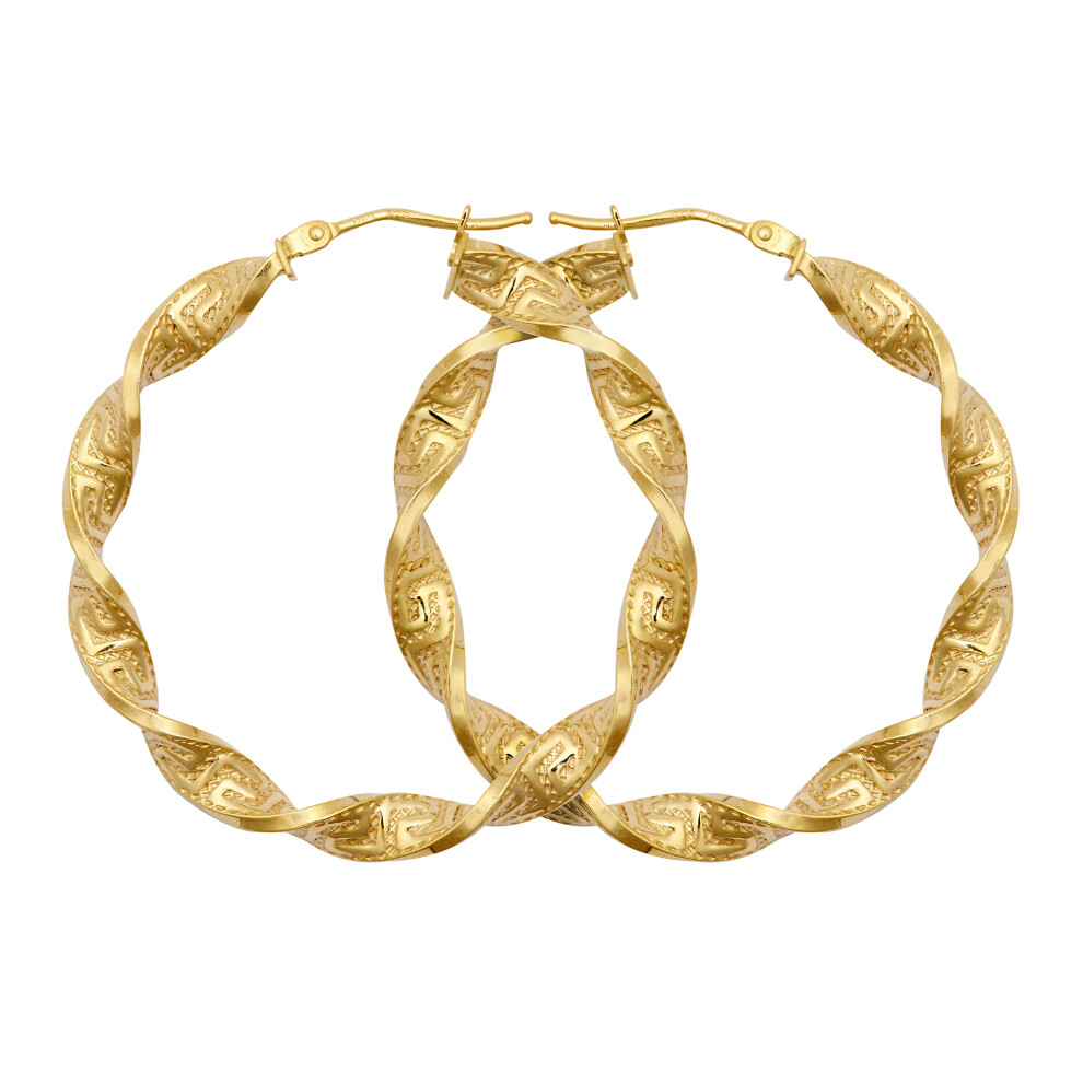 Jewelco London Ladies 9ct Yellow Gold Greek Key Ribbon Twist 4mm Hoop Earrings 37mm - JER787C