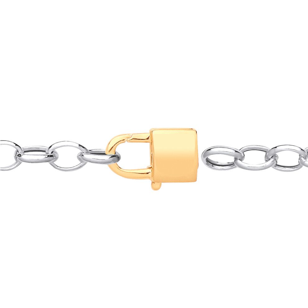 Jewelco London Ladies Rhodium & Gold-Plated Sterling Silver Love Padlock Oval Belcher Rolo Charm Bracelet 7.5 inch - GVB572