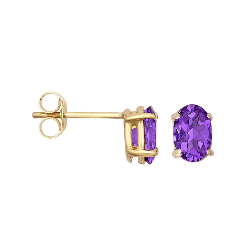 Jewelco London Ladies 9ct Yellow Gold Purple Oval Amethyst 4 Claw Solitaire Stud Earrings, 6x4mm - JES369