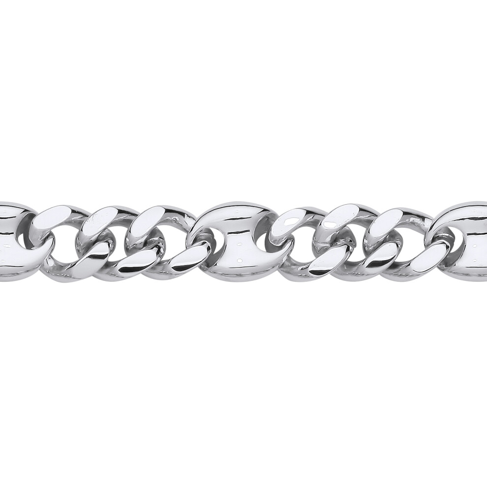 Jewelco London Mens Rhodium Plated Sterling Silver Coffe Bean Curb 3+1 4+1 Chain Bracelet 9mm 8.5 inch - GVB573