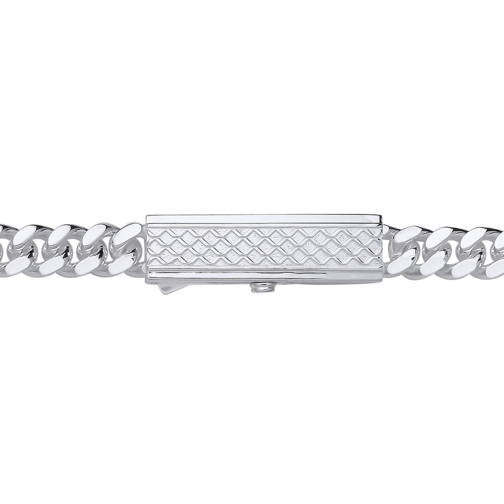Jewelco London Mens Rhodium Plated Sterling Silver Engine Turned Rectangular Bar Buckle Curb Chain Bracelet 9mm 8.5 inch - GVB576